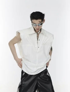 PLEATED SHOULDER CASUAL SLEEVELESS SHIRT