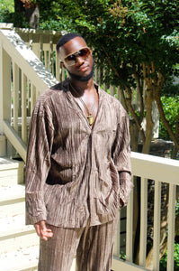 BROWN V NECK PLEATED SET